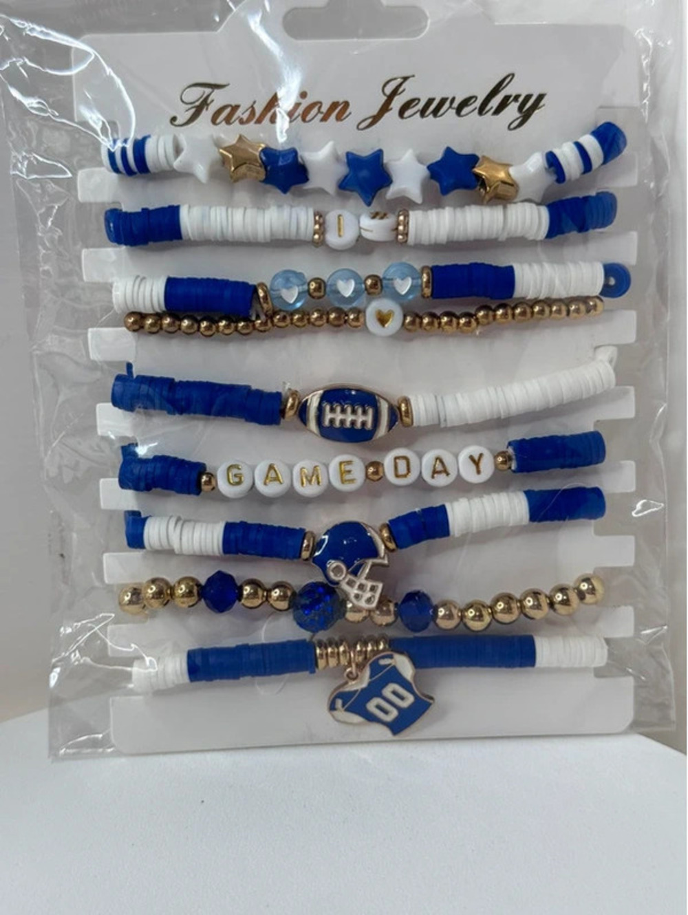 9 pc football bracelets blue and white beads